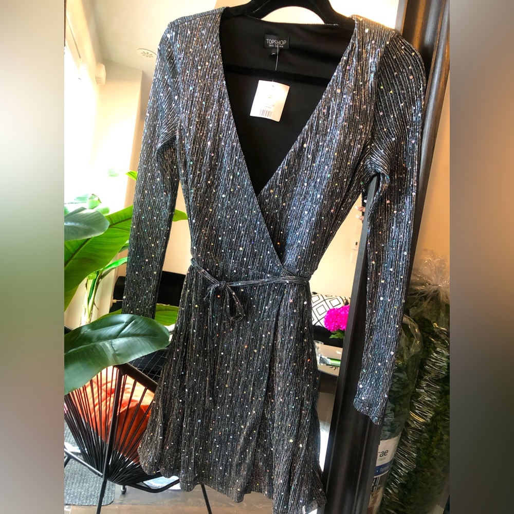 top shop metallic chrome silver sequinned long sleeve wrap dress